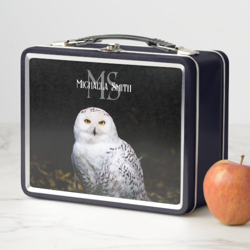 Majestic winter snowy owl monogram custom name metal lunch box