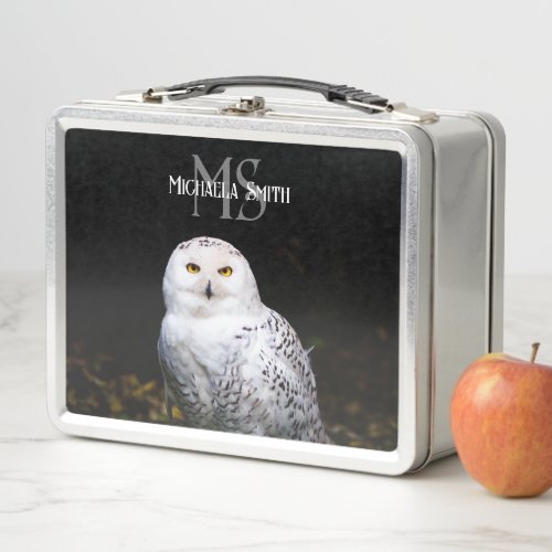 Majestic winter snowy owl monogram custom name metal lunch box