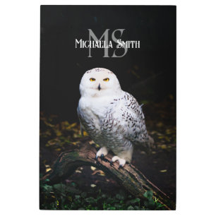 Majestic winter snowy owl monogram custom name metal print