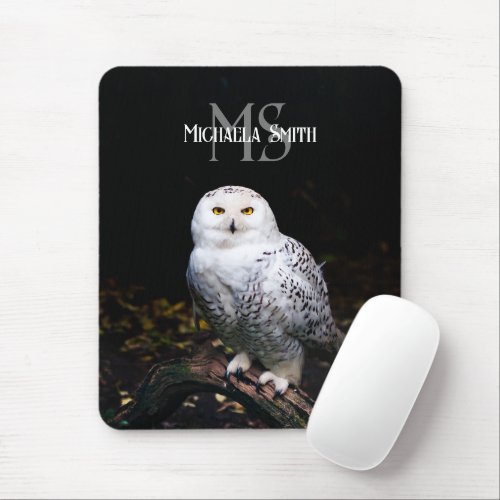 Majestic winter snowy owl monogram custom name mouse pad