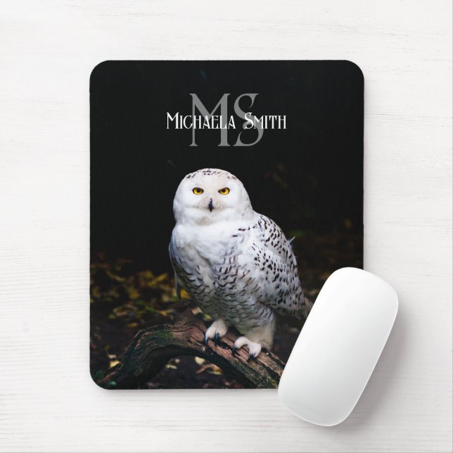 Majestic winter snowy owl monogram custom name mouse pad (With Mouse)