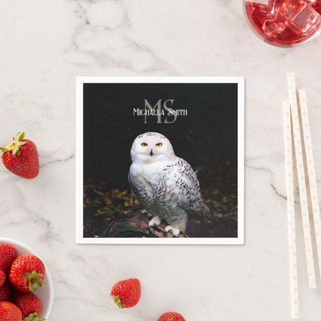 Majestic winter snowy owl monogram custom name napkins (Insitu)