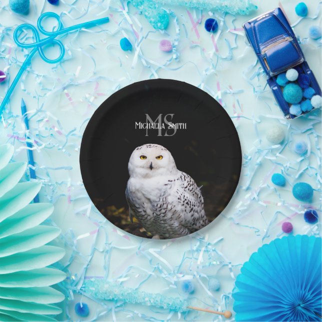 Majestic winter snowy owl monogram custom name paper plates (Party)
