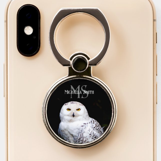 Majestic winter snowy owl monogram custom name phone ring stand (Close Up)