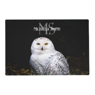 Majestic winter snowy owl monogram custom name placemat