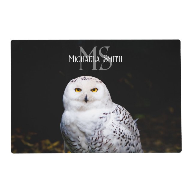 Majestic winter snowy owl monogram custom name placemat (Front)