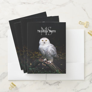 Majestic winter snowy owl monogram custom name pocket folder