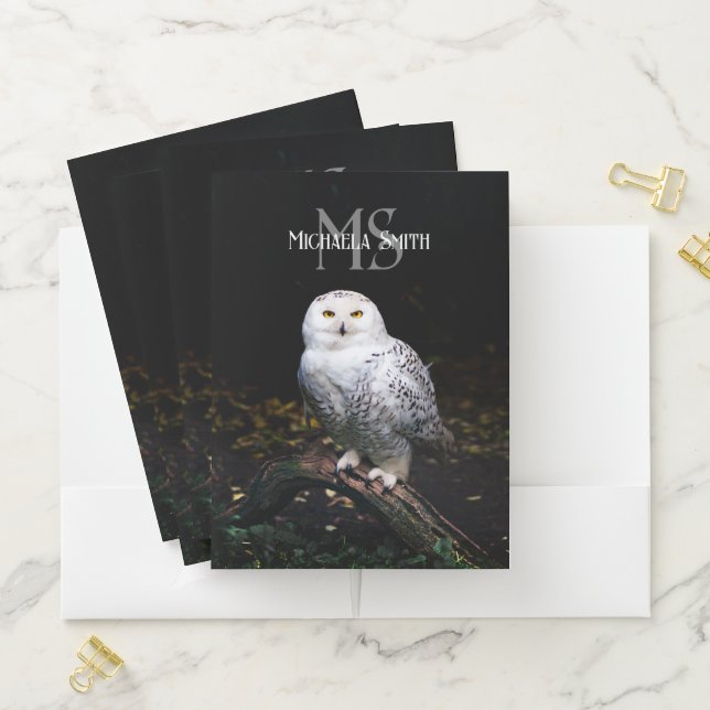 Majestic winter snowy owl monogram custom name pocket folder (In Situ)