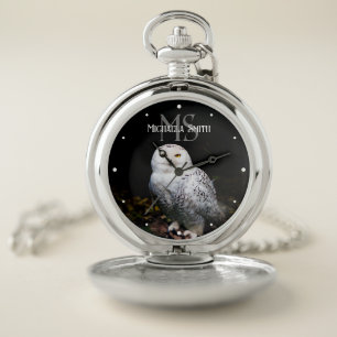 Majestic winter snowy owl monogram custom name pocket watch