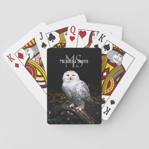 Majestic winter snowy owl monogram custom name poker cards