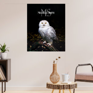 Majestic winter snowy owl monogram custom name poster