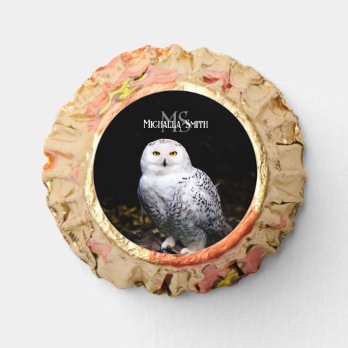 Majestic winter snowy owl monogram custom name reeses peanut butter cups