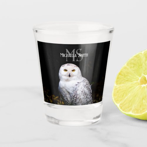Majestic winter snowy owl monogram custom name shot glass