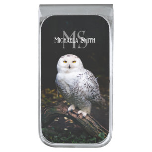 Majestic winter snowy owl monogram custom name silver finish money clip