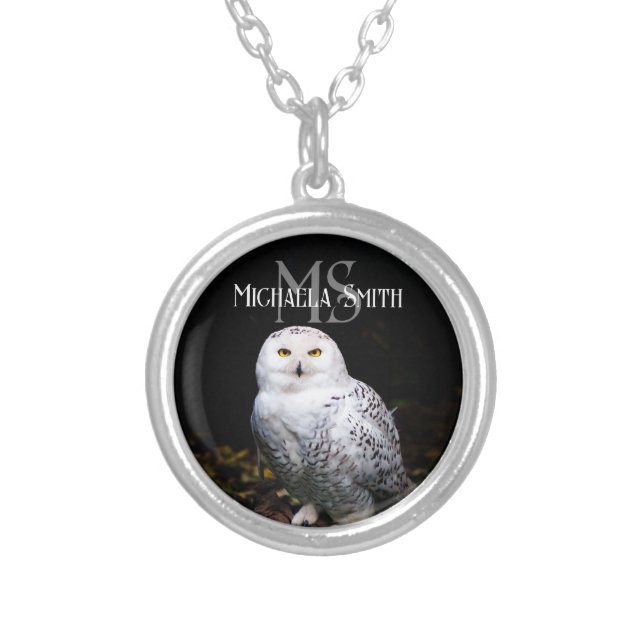 Majestic winter snowy owl monogram custom name silver plated necklace (Front)