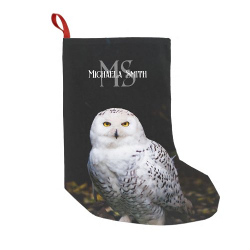 Majestic winter snowy owl monogram custom name small christmas stocking