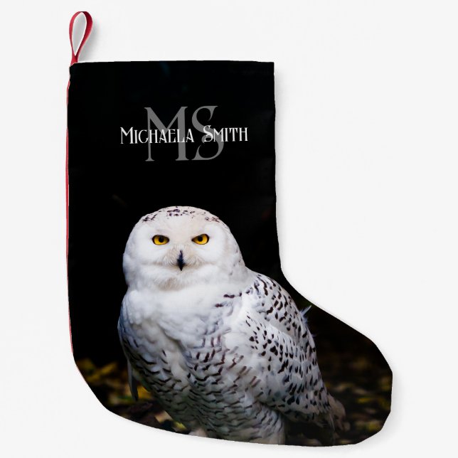 Majestic winter snowy owl monogram custom name small christmas stocking (Front)