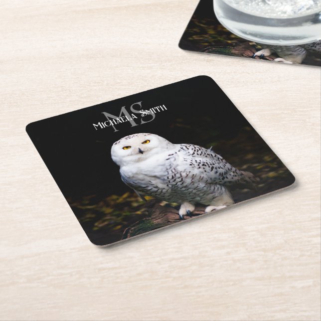 Majestic winter snowy owl monogram custom name square paper coaster (Angled)