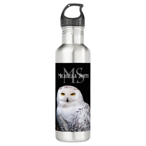 Majestic winter snowy owl monogram custom name stainless steel water bottle