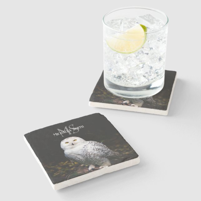 Majestic winter snowy owl monogram custom name stone coaster (Side)