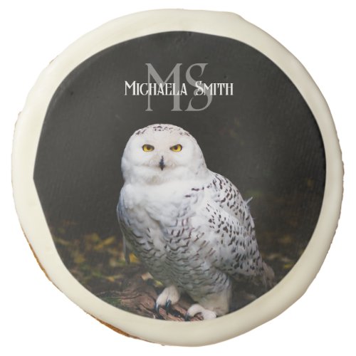 Majestic winter snowy owl monogram custom name sugar cookie