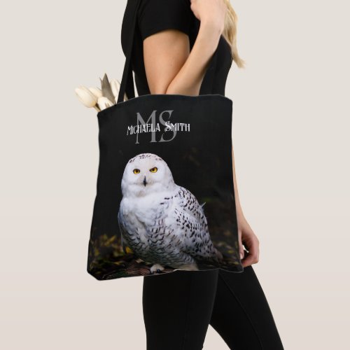 Majestic winter snowy owl monogram custom name tote bag