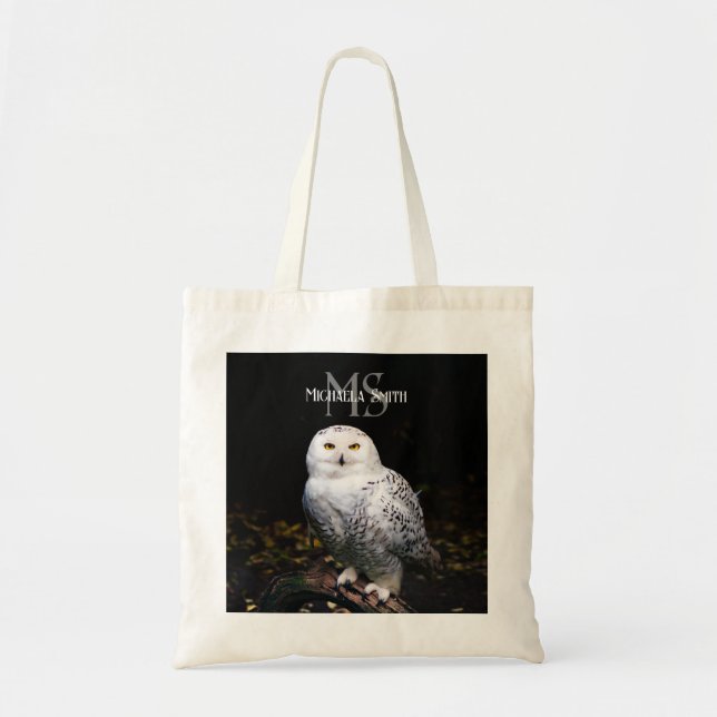 Majestic winter snowy owl monogram custom name tote bag (Front)
