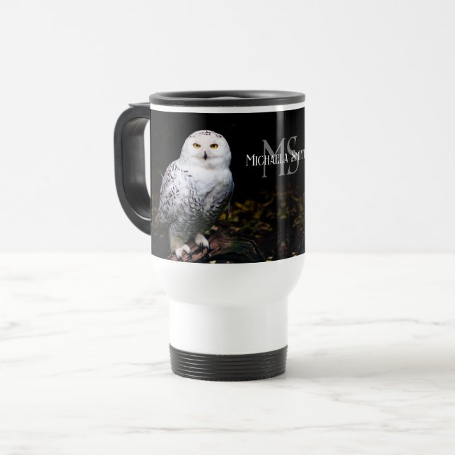 Majestic winter snowy owl monogram custom name travel mug (Front Left)