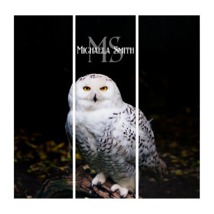 Majestic winter snowy owl monogram custom name triptych