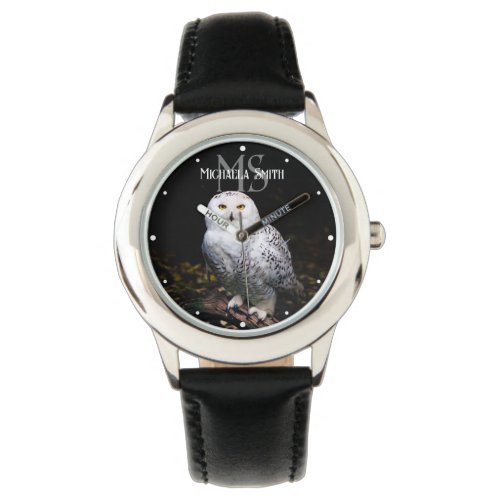 Majestic winter snowy owl monogram custom name watch