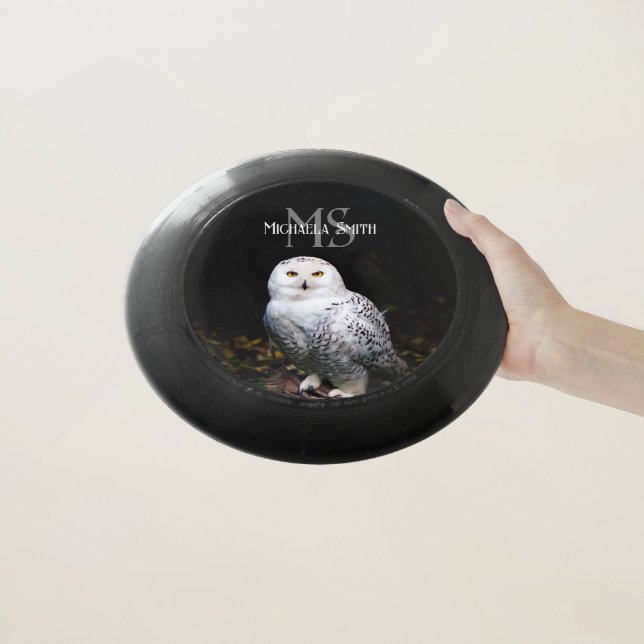 Majestic winter snowy owl monogram custom name Wham-O frisbee (In Hand)