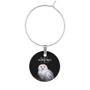 Majestic winter snowy owl monogram custom name wine charm