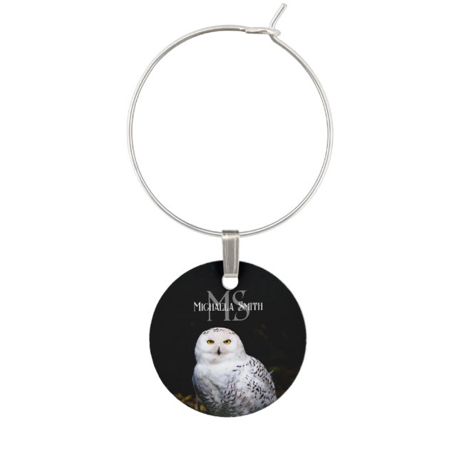 Majestic winter snowy owl monogram custom name wine charm (Front)