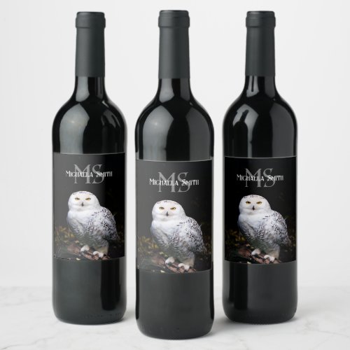 Majestic winter snowy owl monogram custom name wine label