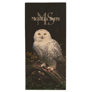 Majestic winter snowy owl monogram custom name wood flash drive