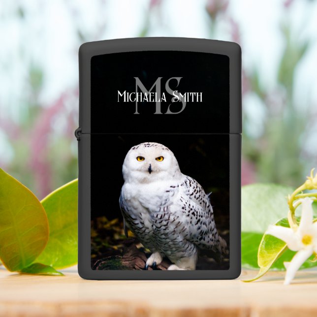 Majestic winter snowy owl monogram custom name zippo lighter (On Table)