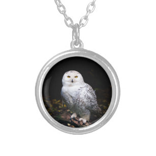 Majestic winter snowy owl silver plated necklace