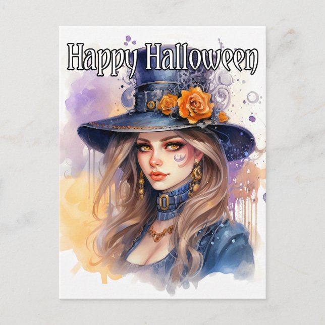 Majestic Witch Illustration Happy Halloween Postcard (Front)