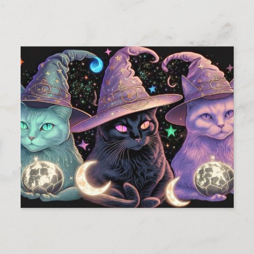 Majestic Witchy Cats Illustration Postcard