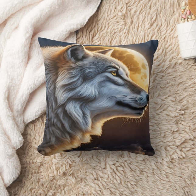Majestic Wolf Against Full Moon Night Sky Throw Pillow (Blanket)