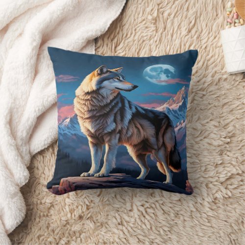 Majestic Wolf Against Moonlit Peaks  Throw Pillow