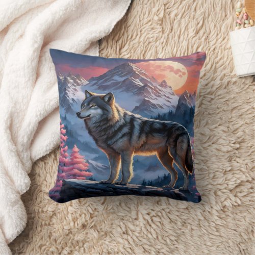 Majestic Wolf Against Moonlit Peaks Throw Pillow