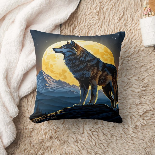 Majestic Wolf Against Moonlit Peaks.  Throw Pillow (Blanket)