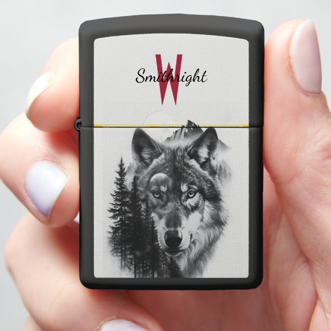 Majestic wolf amidst a misty forest at twilight zippo lighter (In Hand)