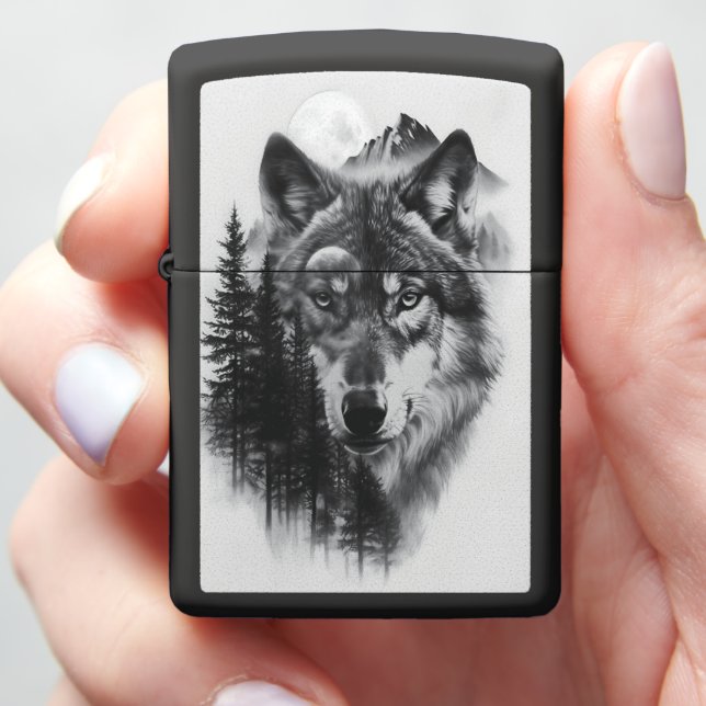 Majestic wolf amidst a misty forest at twilight zippo lighter (In Hand)