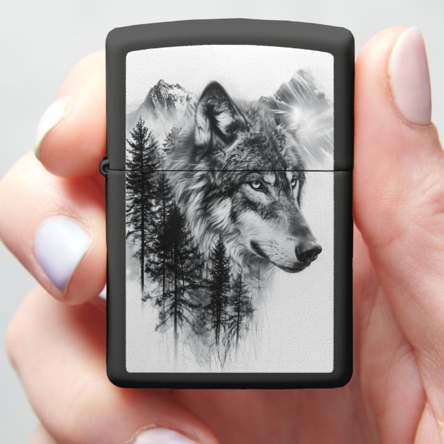 Majestic wolf among foggy mountains and tall pines zippo lighter (In Hand)