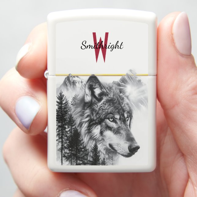 Majestic wolf among foggy mountains and tall pines zippo lighter (In Hand)