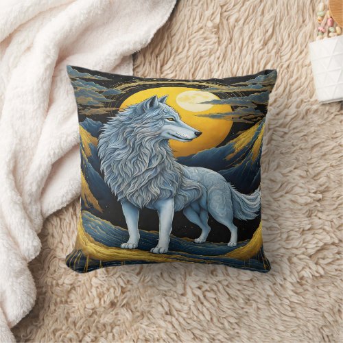 Majestic Wolf Beneath Moonlit Mountains Throw Pillow