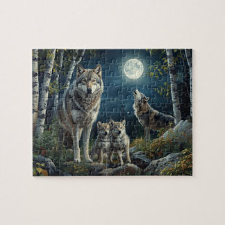 Majestic Wolf Family Full Moon Birch Forest Jigsaw Puzzle