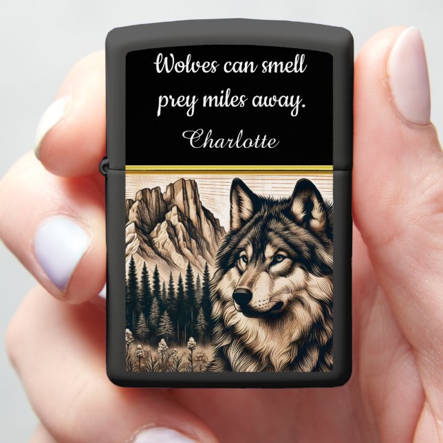 Majestic wolf gazes at mountain scenery in nature zippo lighter (In Hand)